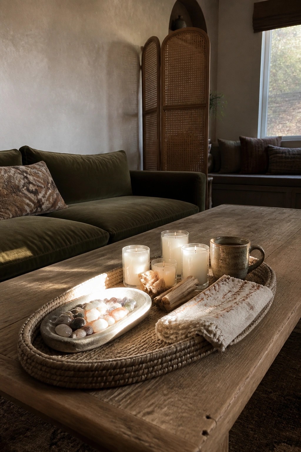 A wooden coffee table holds a woven tray with candles, stones, wood pieces, and a mug in a living room.