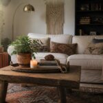 Cozy living room with wooden coffee table, potted plant, lit candle, and white sofa