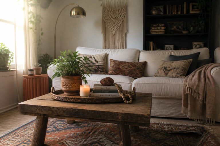 22 Stylish Boho Coffee Table Decor Ideas Centered Around Trays and Natural Objects Cozy living room with wooden coffee table, potted plant, lit candle, and white sofa