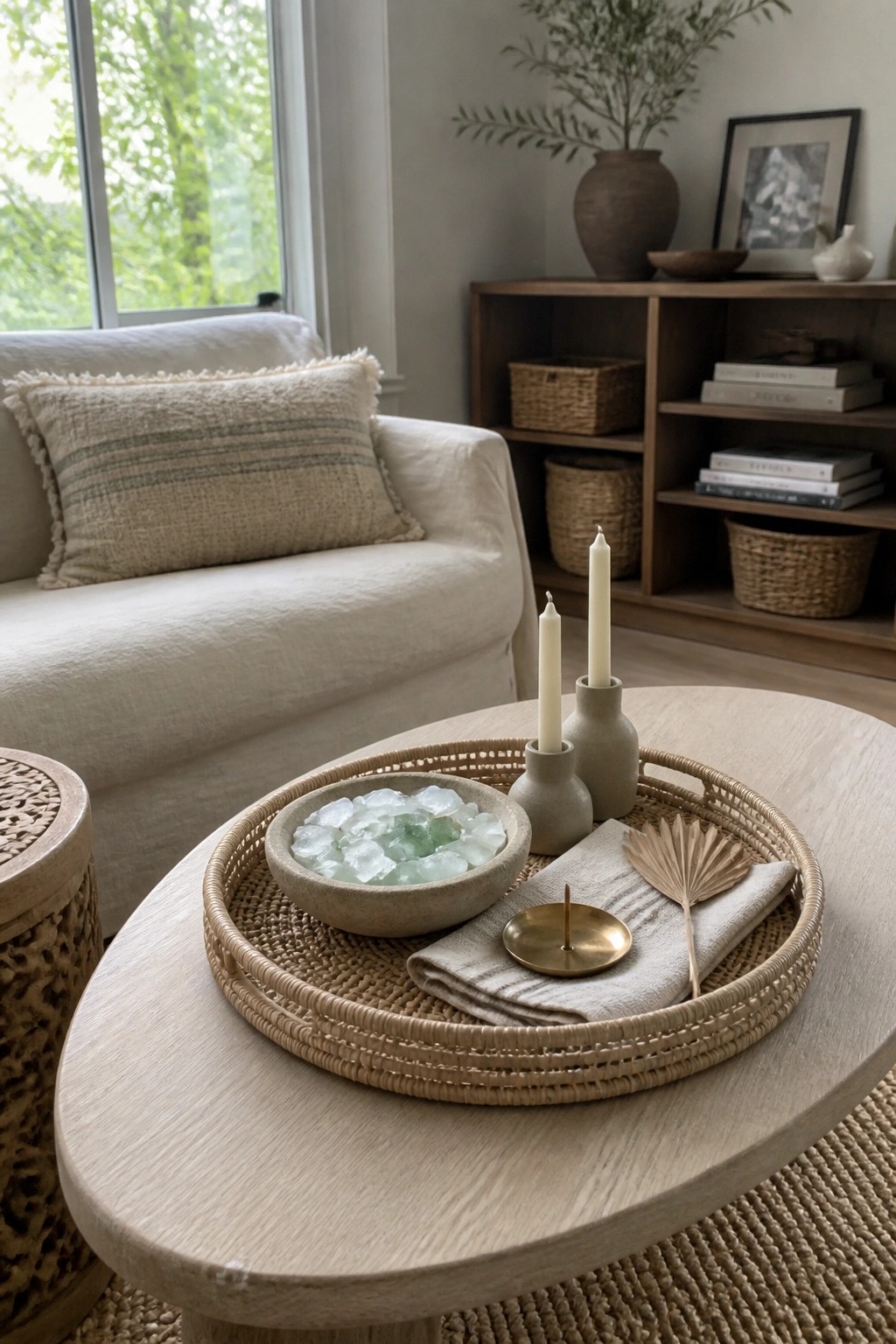 Woven tray with stone bowl of crystals, candles, and linen on wooden coffee table