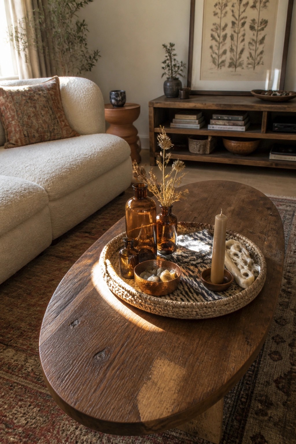 A round wooden coffee table holds a woven tray with amber glass bottles, dried botanicals, a lit candle, and small bowls of stones.