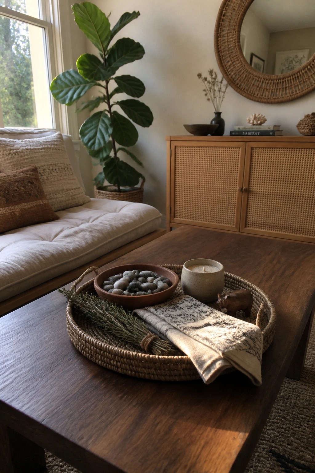 Wooden coffee table tray with candle, stone bowl, herbs, and pig figurine in living room