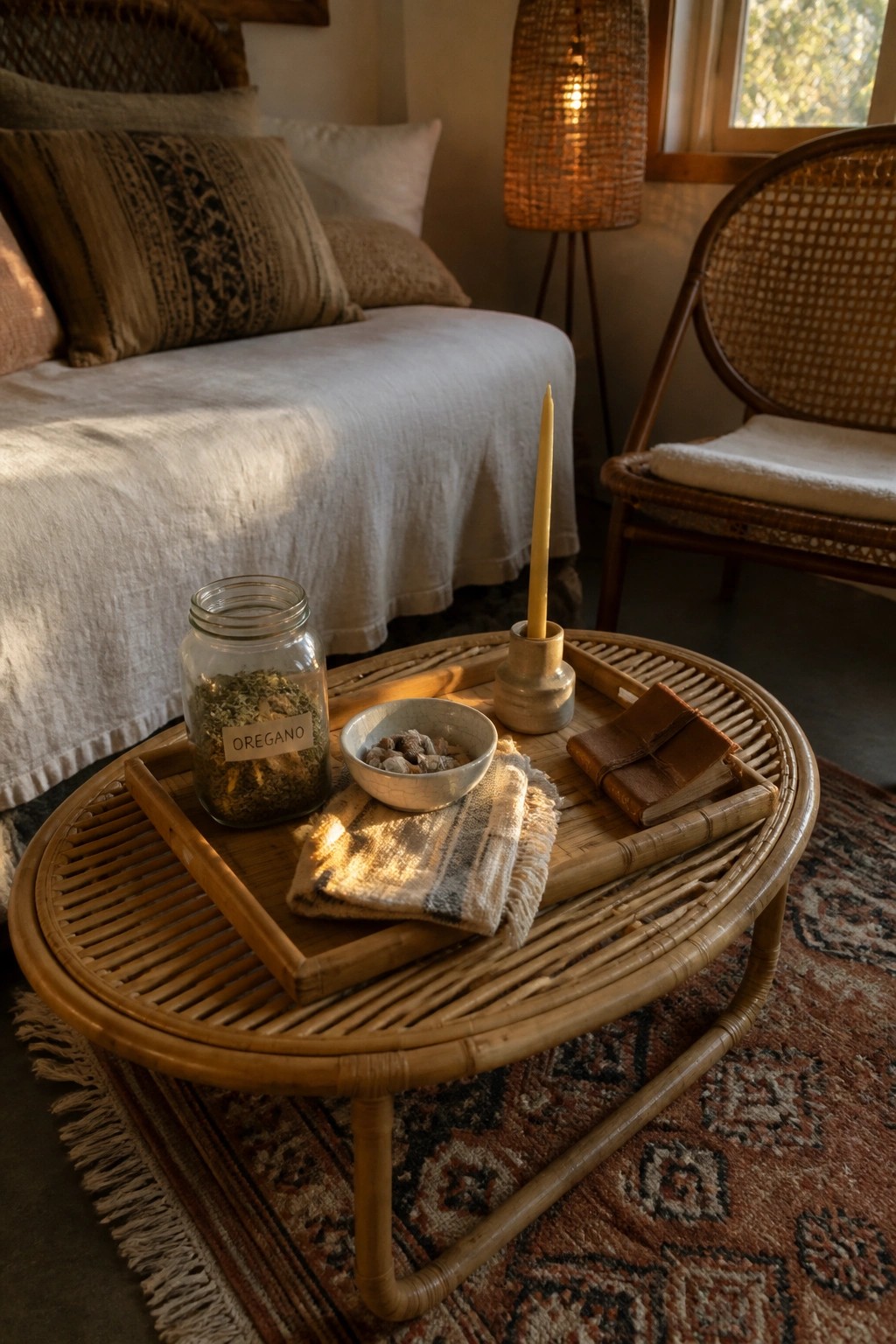 A round rattan coffee table holds a wooden tray with a glass jar of oregano, a small bowl, a lit candle, and a leather notebook, set on a patterned rug in a room with a bed and chair.