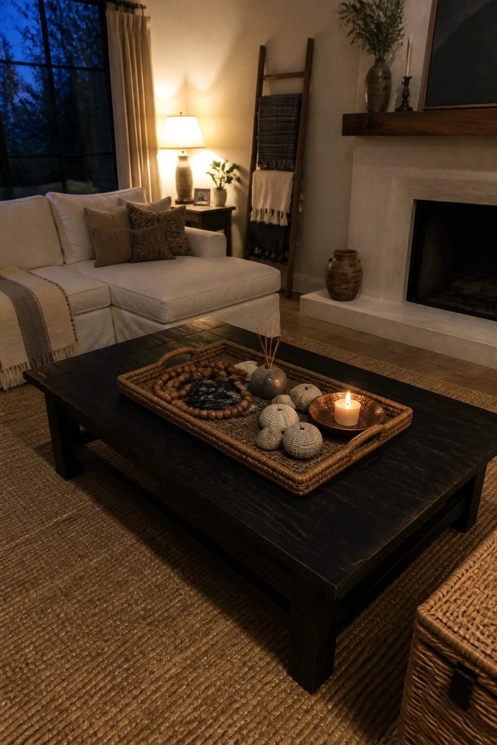 A dark wooden coffee table holds a large woven tray filled with natural objects including stones, wooden beads, and a lit candle in a living room setting.