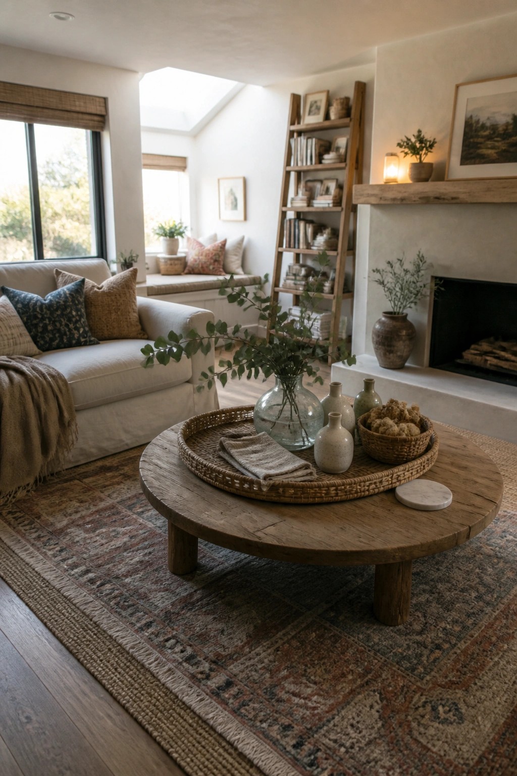 A living room interior featuring a round wooden coffee table with a large woven tray holding glass vases, small ceramic vessels, a basket of natural objects, and eucalyptus branches.