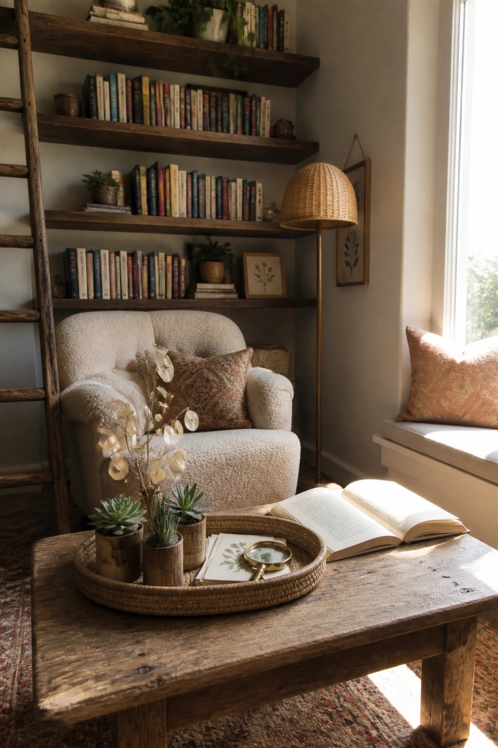 A living room scene with a wooden coffee table holding an open book and a round woven tray containing potted succulents and dried plants.