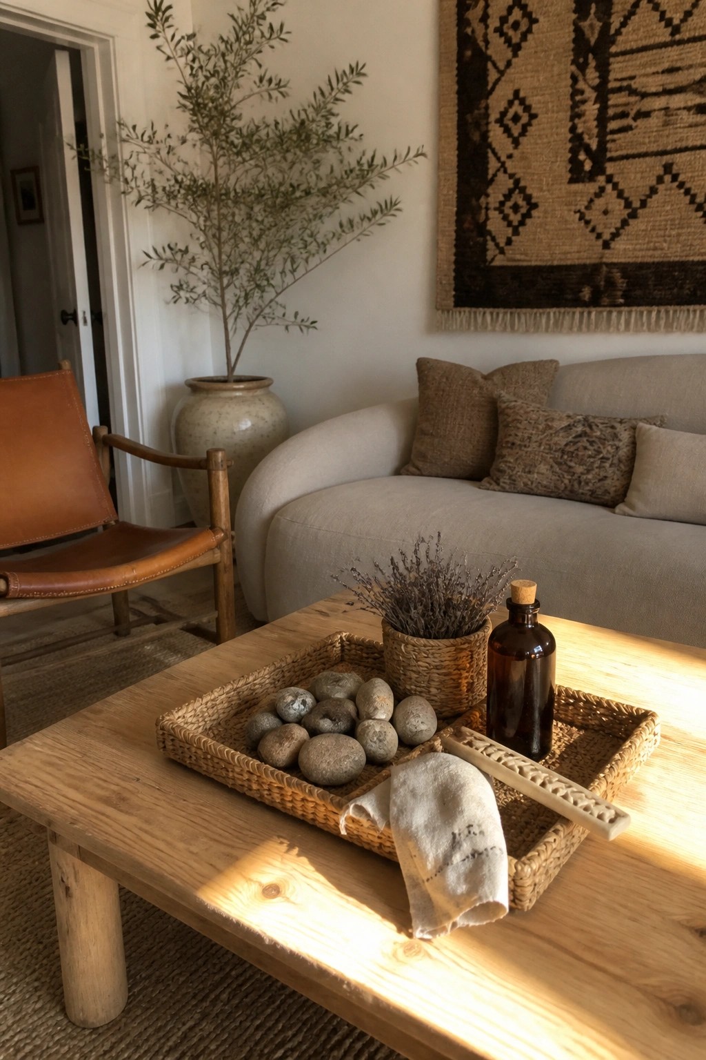 A light wood coffee table holds a woven tray with smooth stones, a small basket of dried lavender, a brown glass bottle, and a folded cloth in a living room with a beige sofa and leather chair nearby.