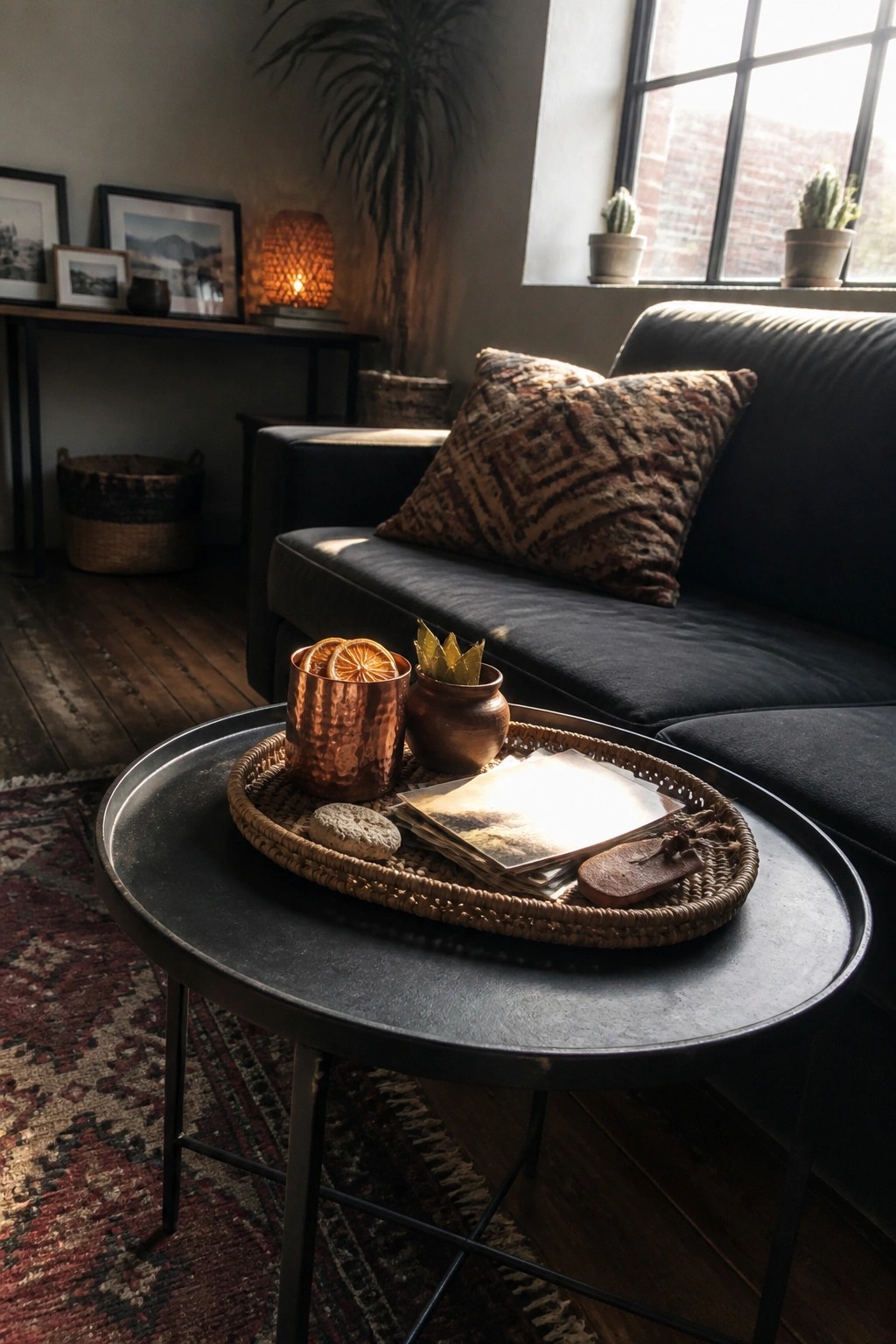 Cozy living room with black sofa, patterned pillow, and tray of copper decor on table