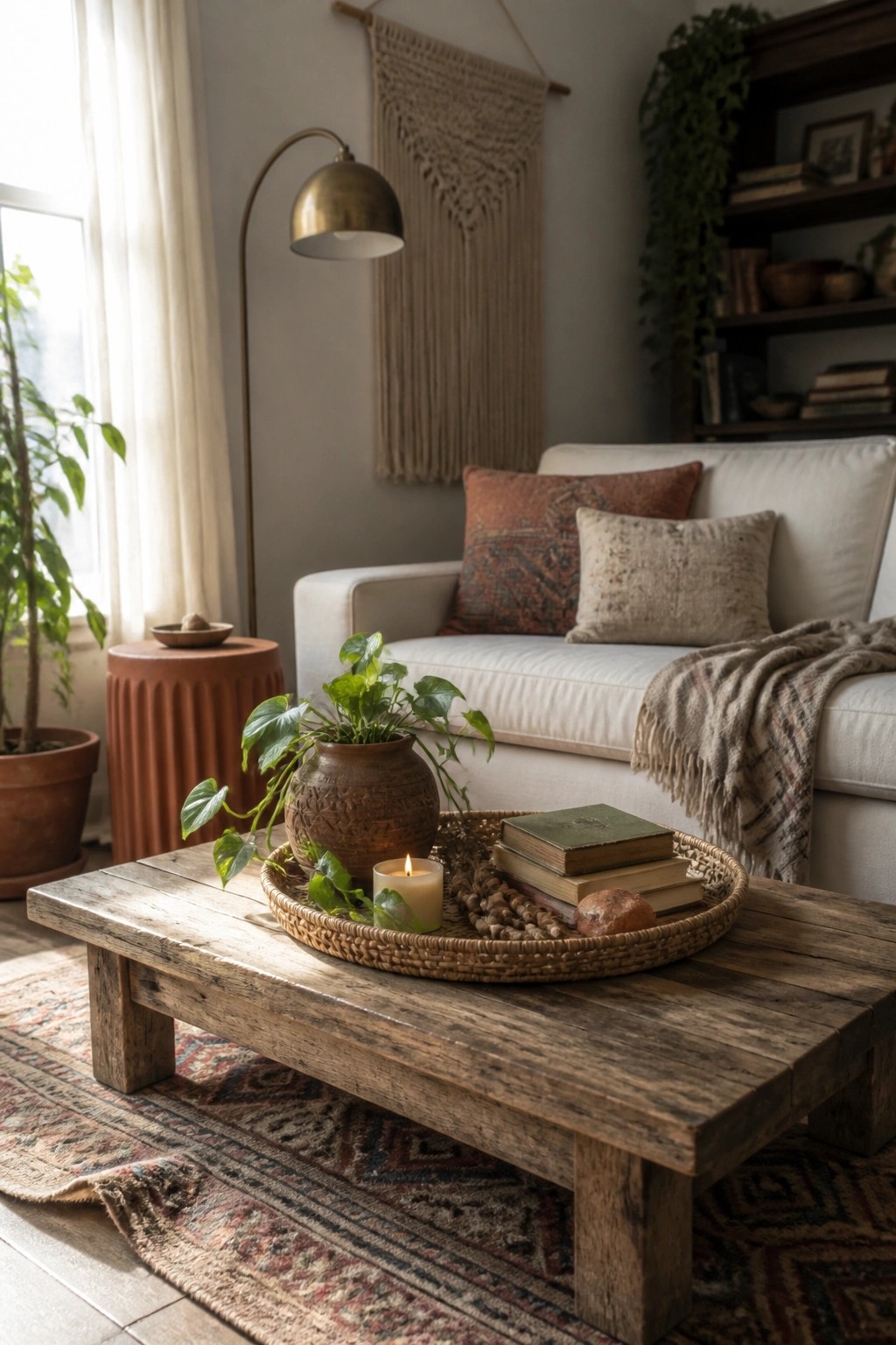 Cozy living room with wooden coffee table, potted plant, lit candle, and white sofa