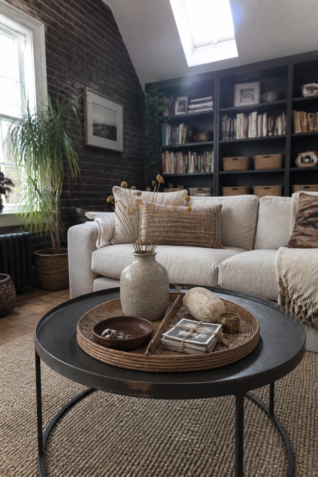 A round metal coffee table with a woven tray holding a speckled vase of dried flowers, a small wooden bowl, a stack of photos, and other natural objects sits in front of a light sofa.
