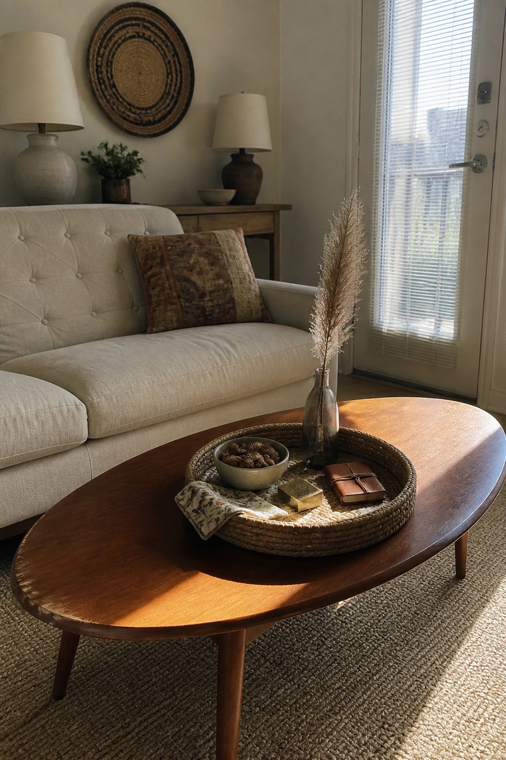 A living room with a wooden oval coffee table holding a round woven tray that contains a bowl, small book, and glass vase with tall dried grass, positioned in front of a light upholstered sofa.