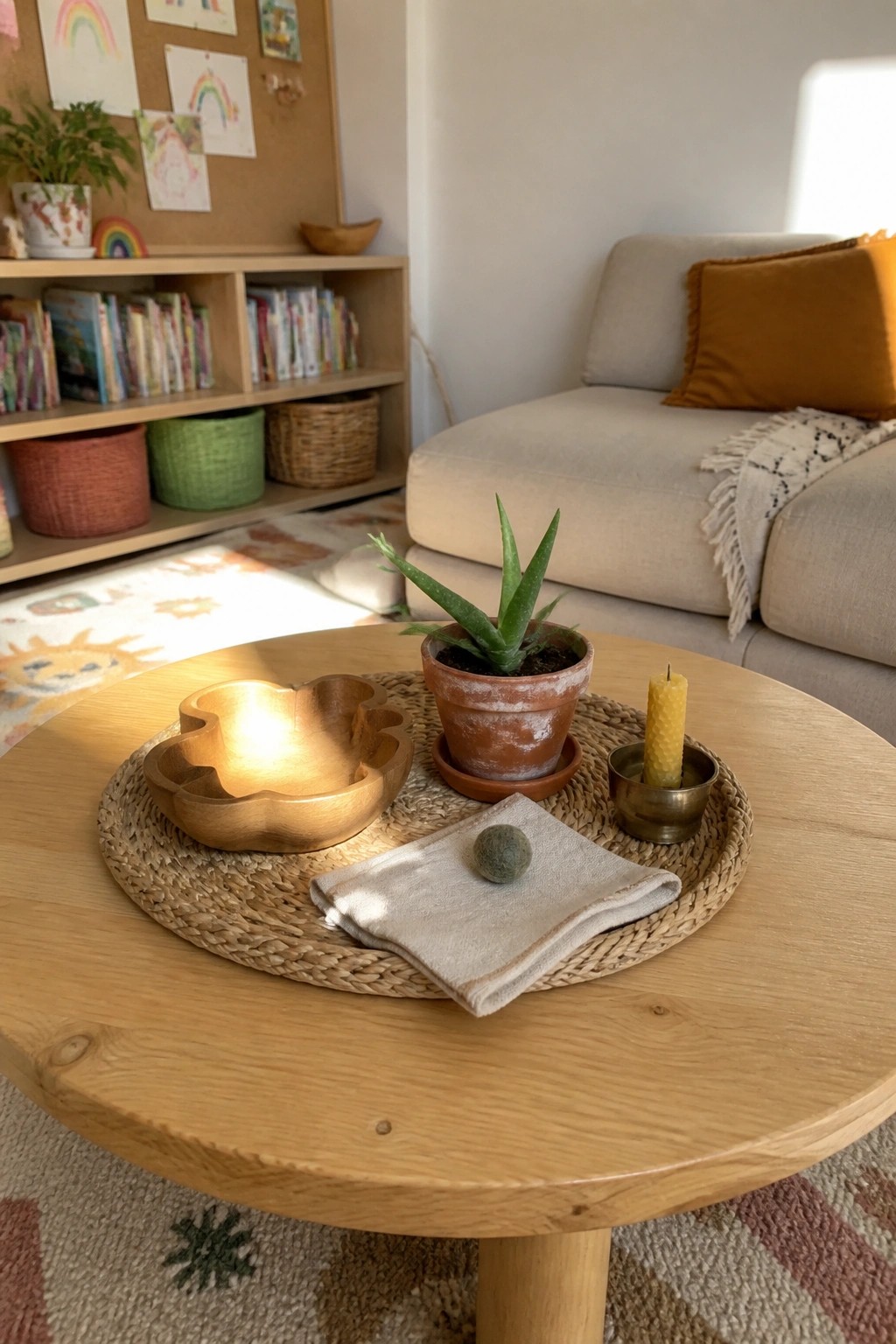 A round wooden coffee table holds a woven tray with a wooden bowl, potted plant, lit candle, and folded cloth topped with a small felt ball.