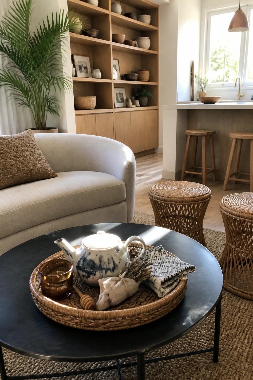 A living room scene shows a round black coffee table with a large woven tray holding a ceramic teapot, amber glass candle, and folded cloth, next to a light sofa and woven stools.