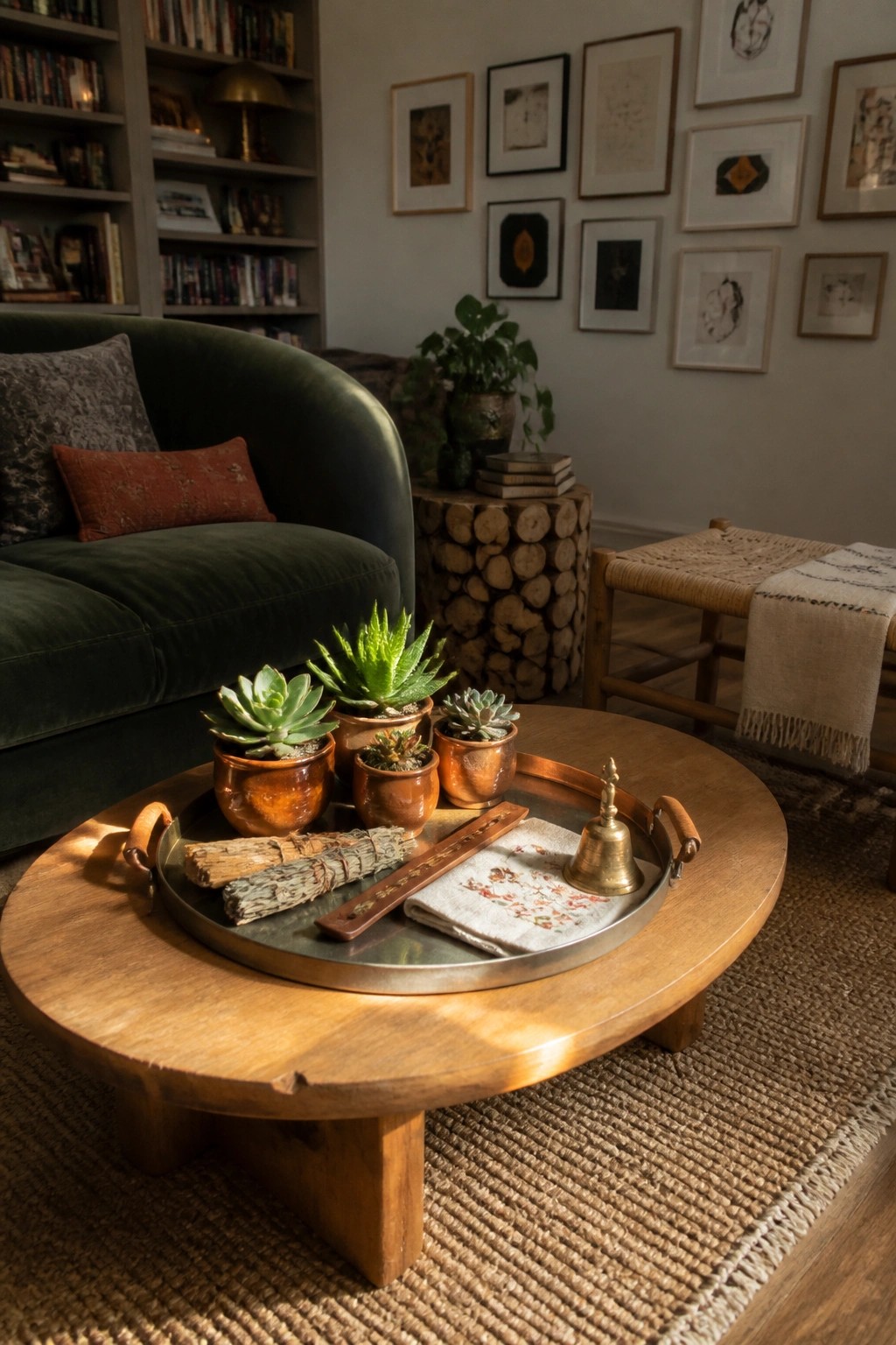 Round wooden coffee table with metal tray of succulents, bell, and sage in living room