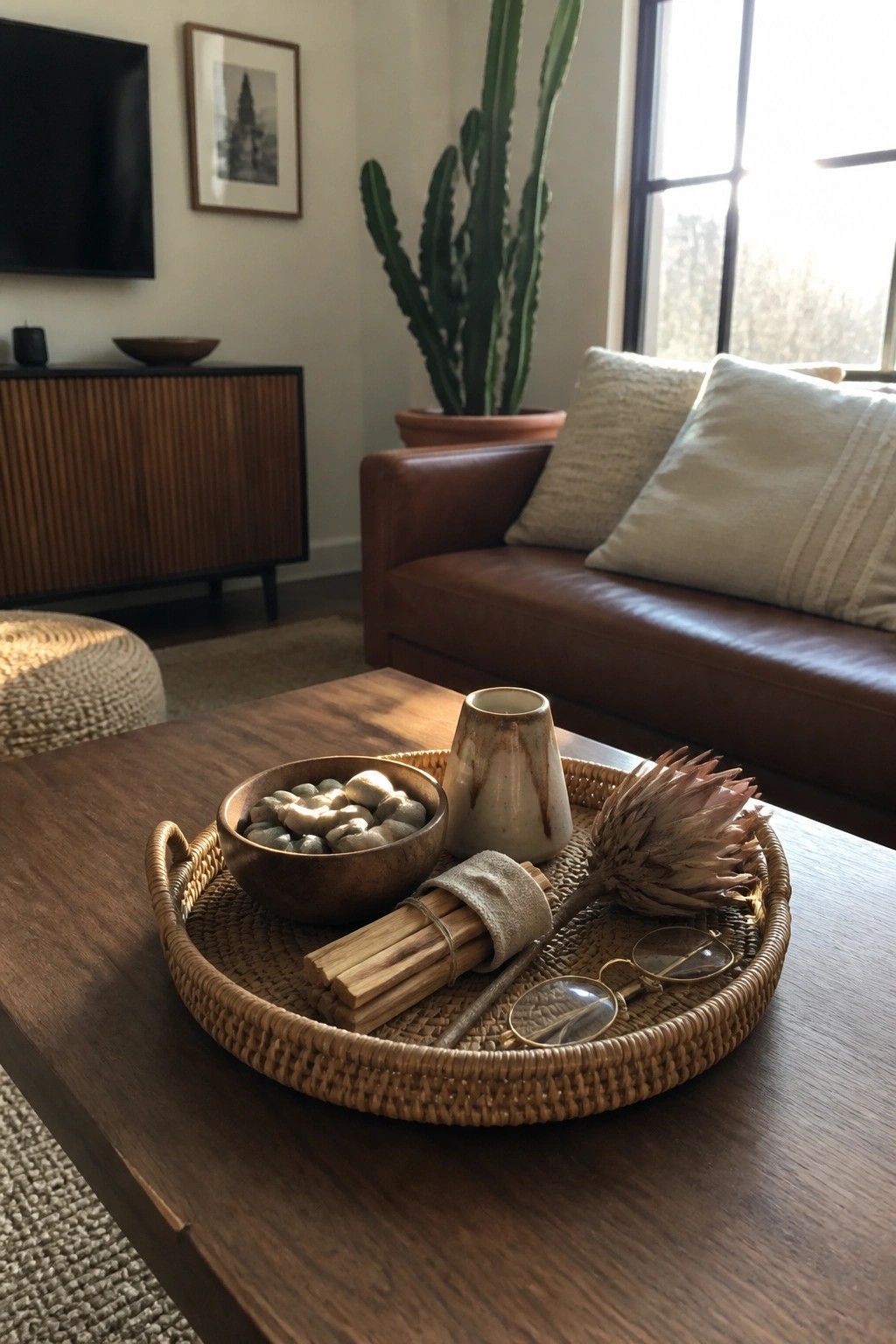 A round woven tray on a wooden coffee table holds a wooden bowl filled with stones, a ceramic vase, dried flowers, and eyeglasses.