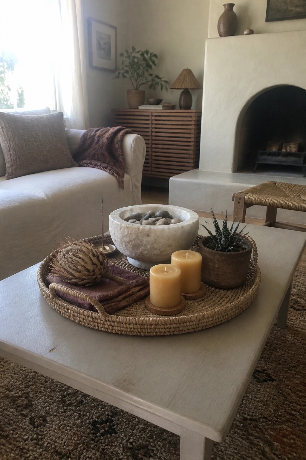 A light wood coffee table holds a round woven tray with two pillar candles, a potted succulent, a stone bowl filled with pebbles, and dried botanicals on folded fabric.