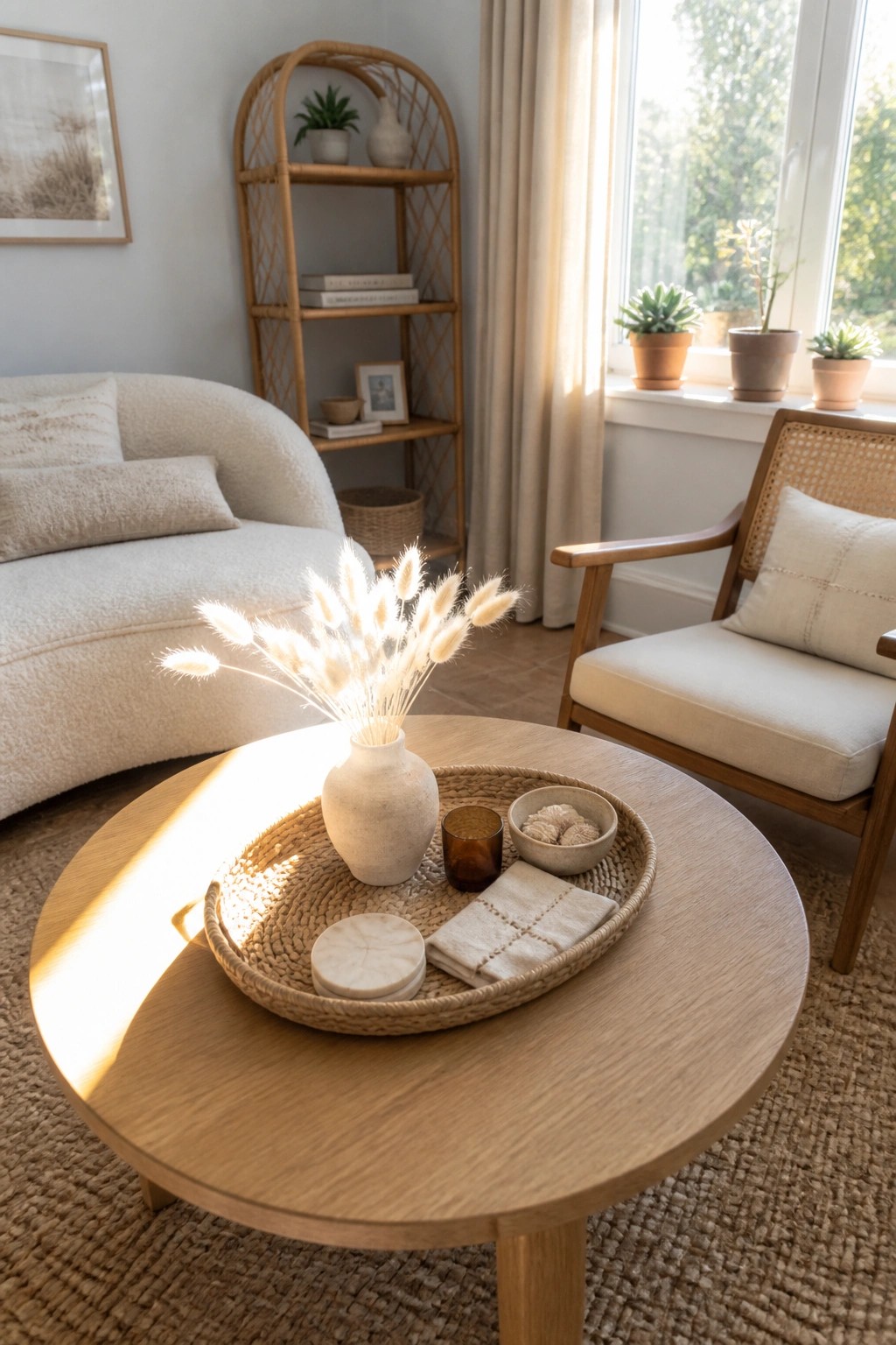 A round oak coffee table with a woven tray holding a ceramic vase of dried grass, a small bowl, folded cloth, and a marble coaster in a sunlit living room.