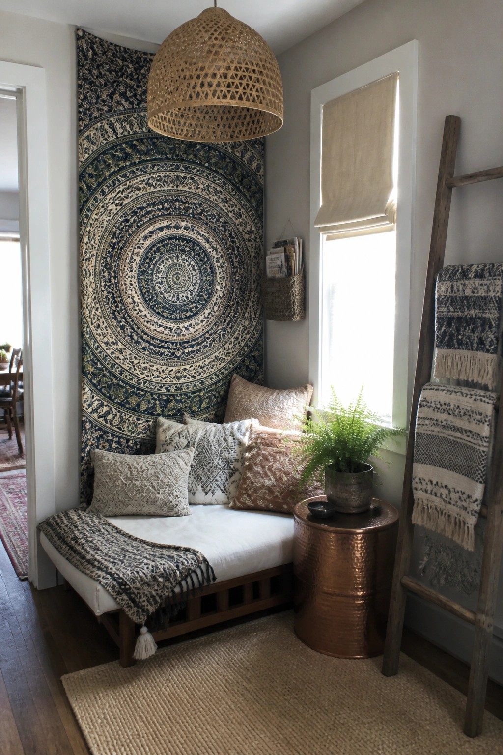 A corner seating area with a large circular patterned tapestry on the wall above a daybed, pillows, a fern plant, and a copper side table near a window.