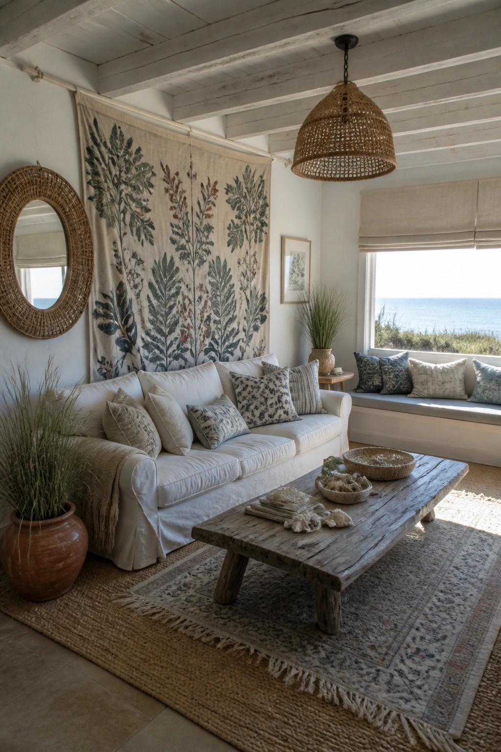 Coastal living room with white sofa, botanical tapestry, rustic coffee table, and ocean view