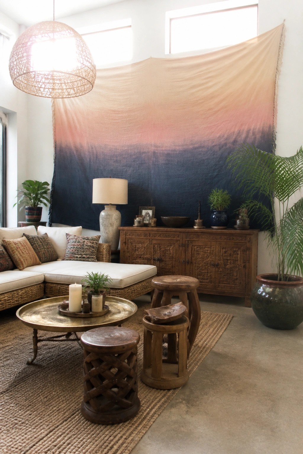 A living room featuring a large gradient tapestry in blue and pink tones hung behind a white sectional sofa and wooden sideboard.