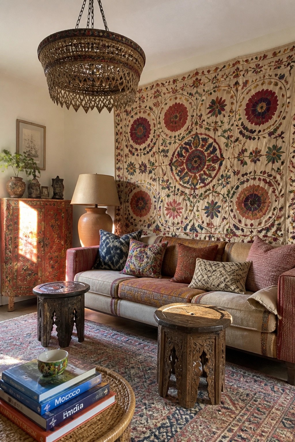 A living room with a large patterned tapestry on the wall behind a sofa, a woven light fixture overhead, and wooden stools on a rug.