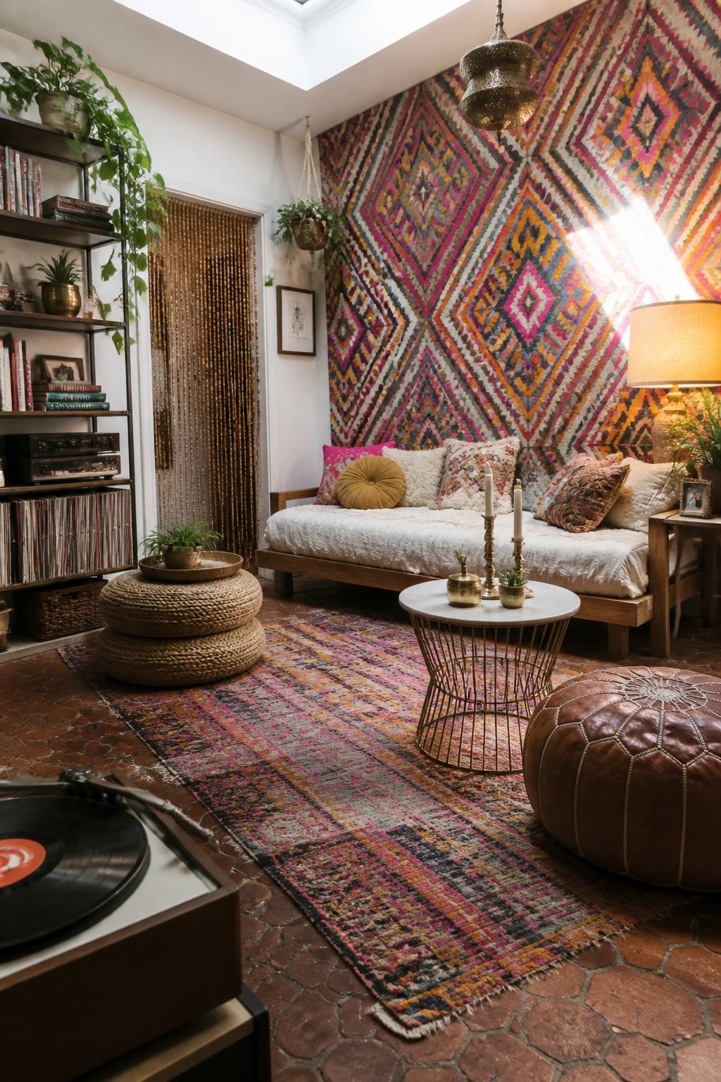 A boho living room with a large colorful geometric tapestry covering the wall behind a wooden daybed with white bedding and patterned pillows, a round coffee table, a brown leather pouf, and a record player in the foreground.