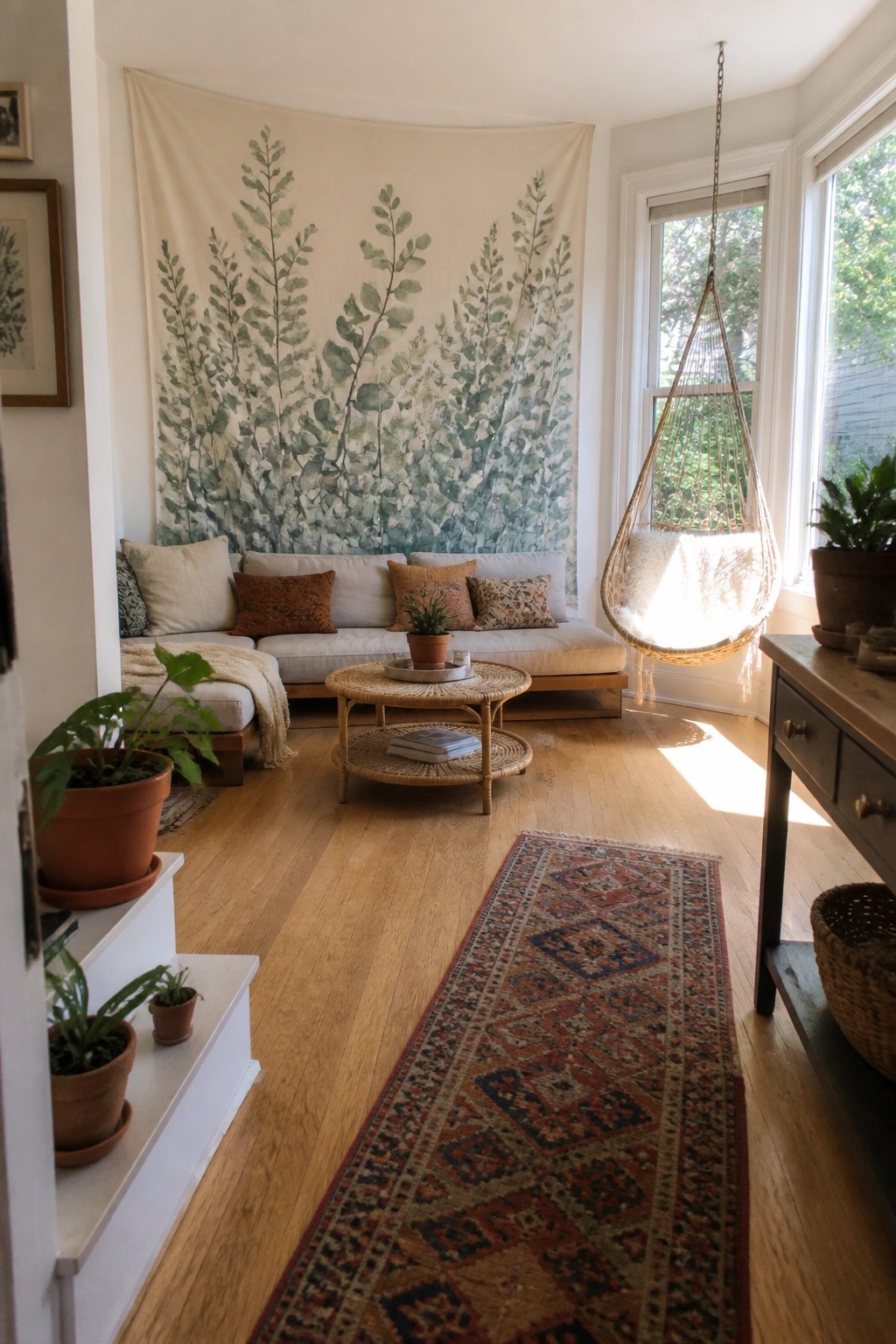 A living room featuring a large botanical print tapestry covering the wall above a low sofa, with a round coffee table and hanging chair nearby.