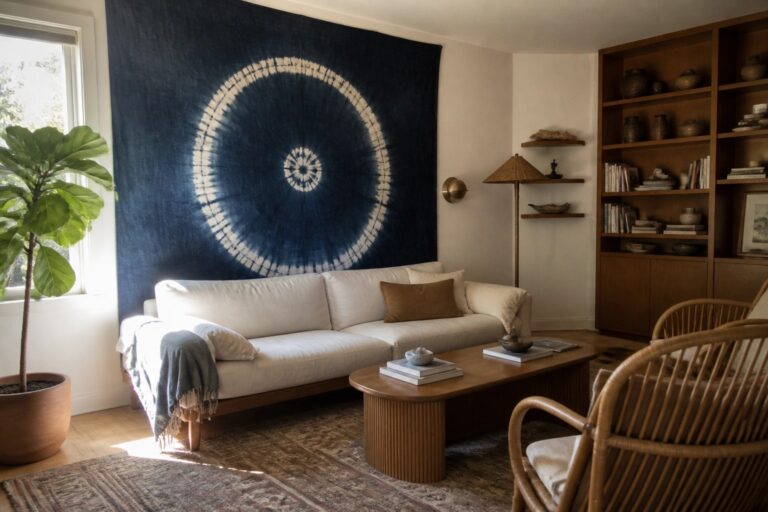 A living room featuring a large blue circular tapestry on the wall above a white sofa and wooden coffee table.
