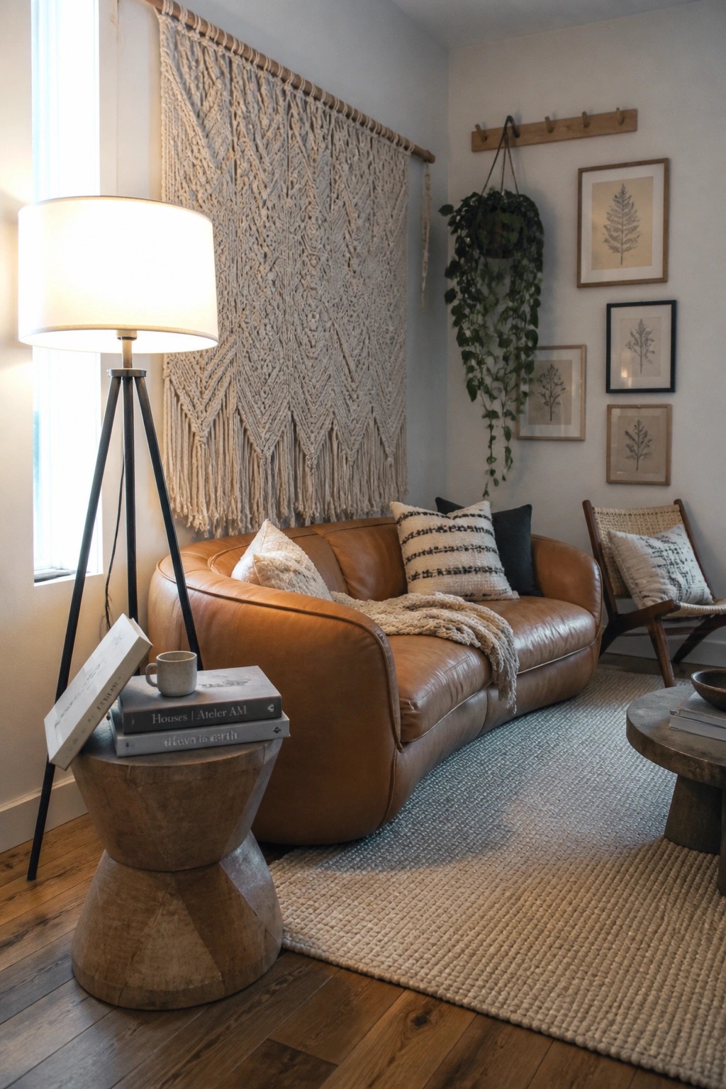 A living room scene showing a brown leather sofa positioned in front of a large macrame wall hanging with framed botanical prints on an adjacent wall.