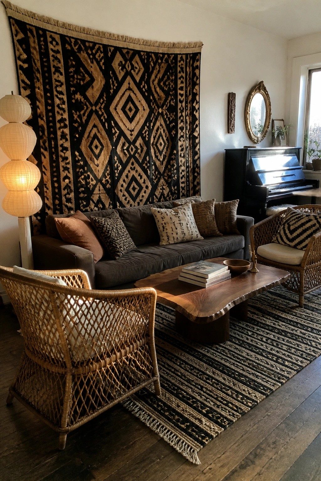 A living room featuring a dark sofa positioned in front of a large black and brown geometric tapestry on the wall, with wicker armchairs and a wooden coffee table in the foreground.
