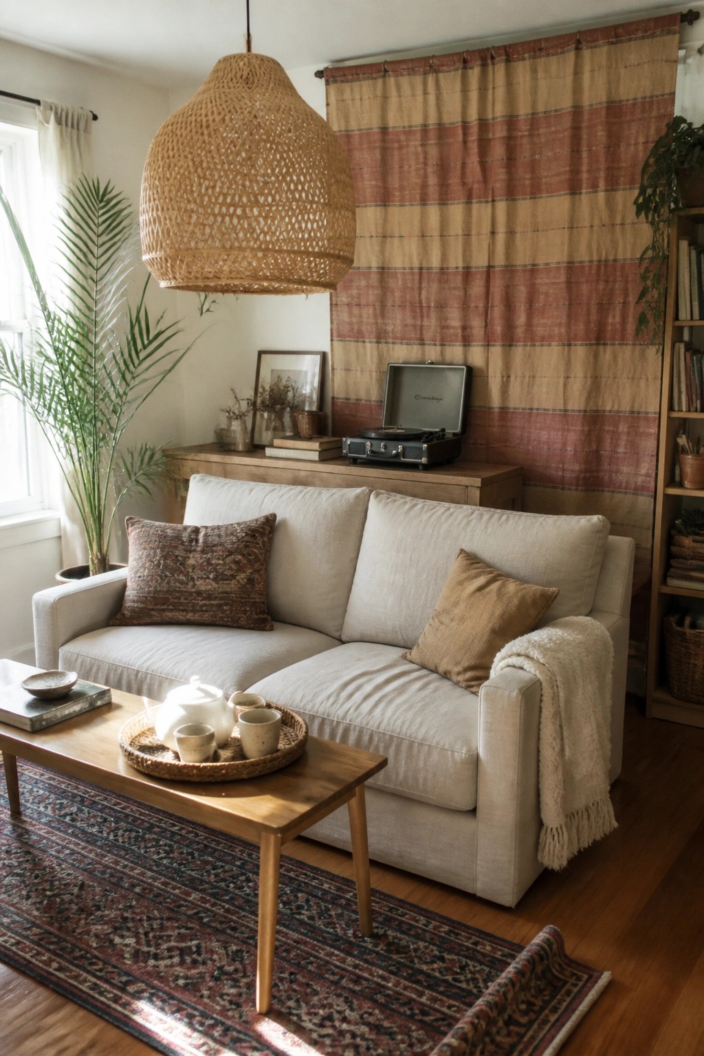 A living room scene showing a light sofa with pillows, a wooden coffee table, and a large striped tapestry mounted on the wall above a console with a record player.