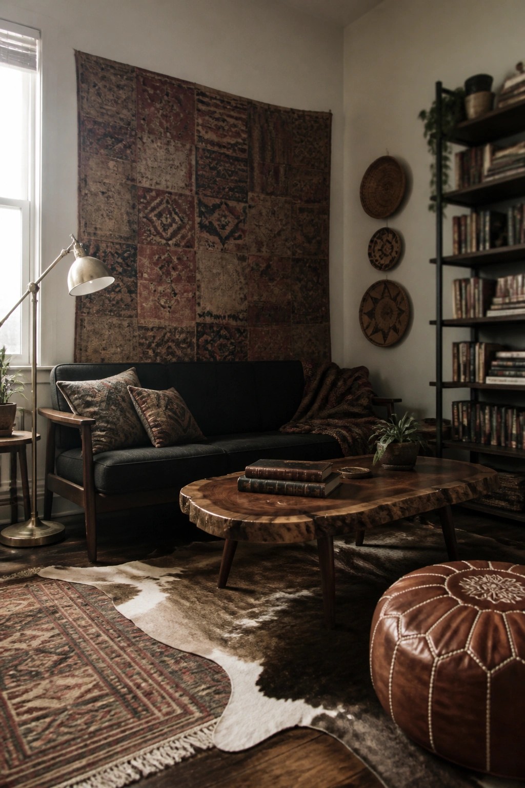 A living room with a large patchwork tapestry hanging above a dark sofa, a wooden coffee table, a floor lamp, and a bookshelf on the right.