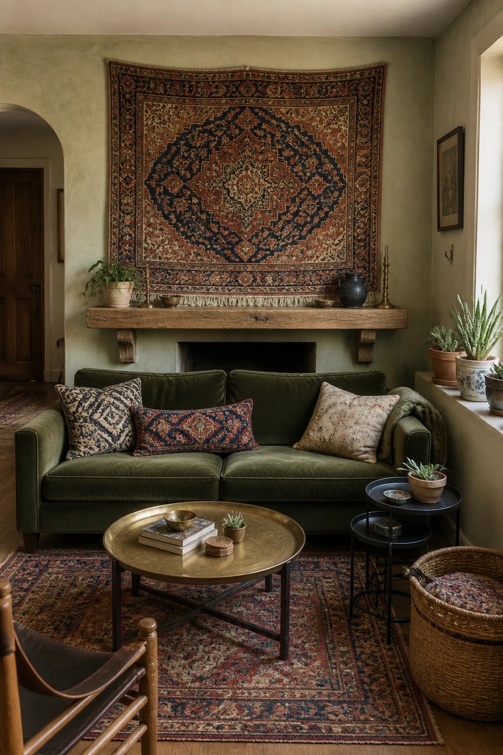 A green velvet sofa sits in front of a fireplace with a large ornate tapestry hanging above the wooden mantel.