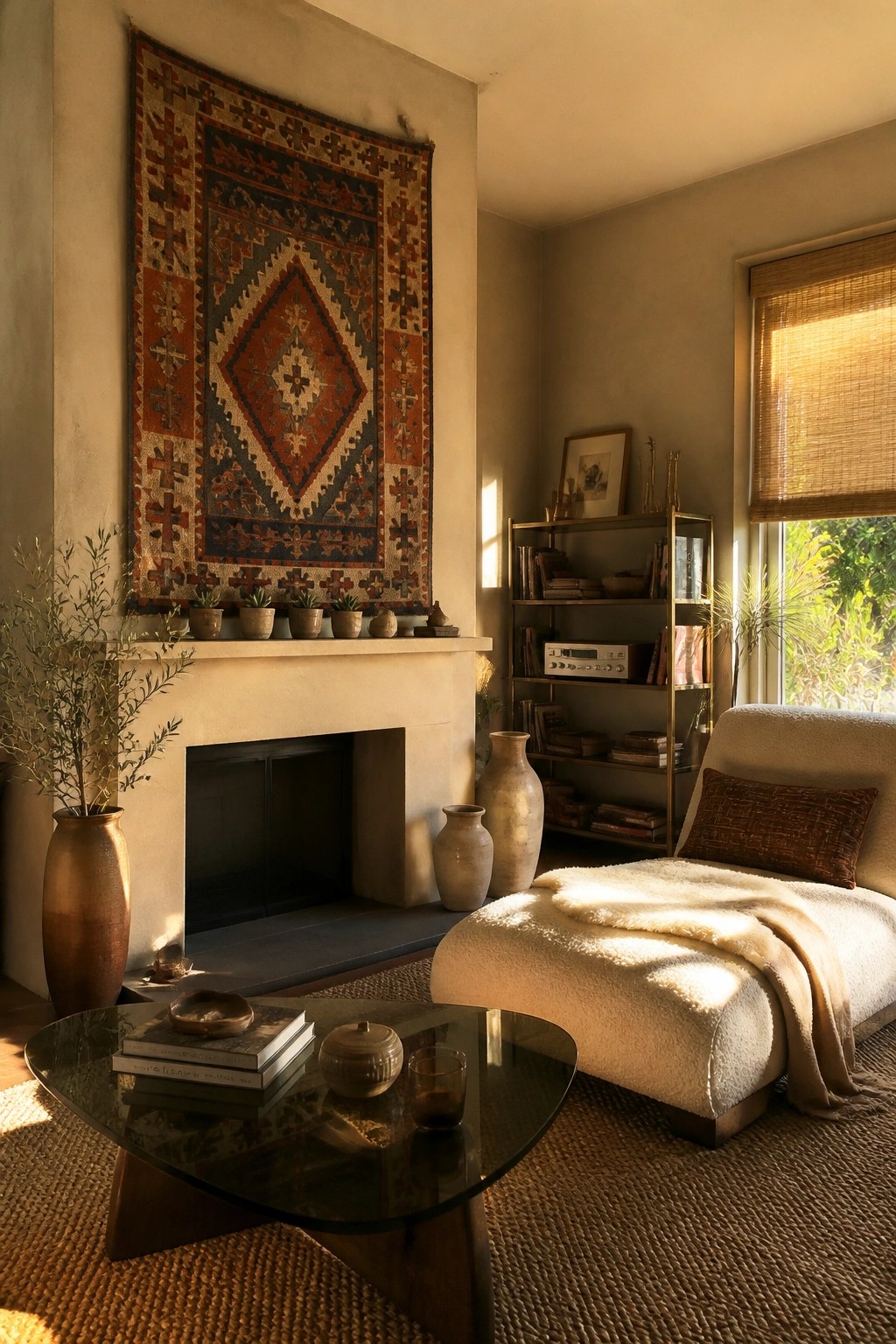 A large patterned tapestry hangs on the wall above a fireplace in a living room with a chaise lounge and coffee table.