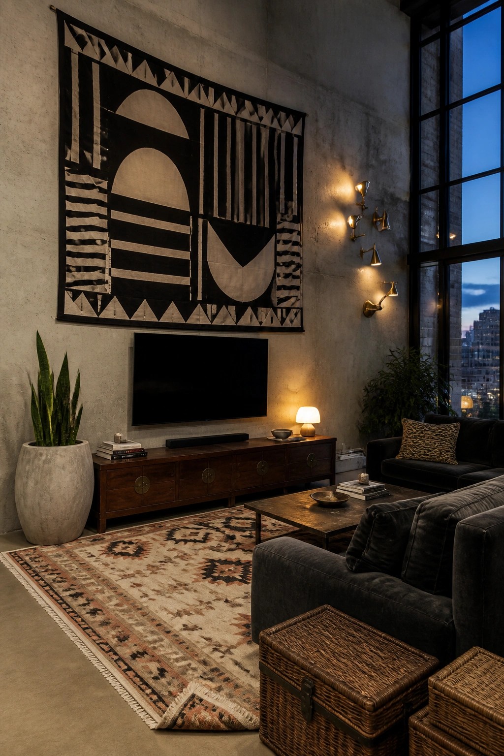 Modern living room with concrete walls, abstract tapestry, dark velvet sofas, and patterned rug.