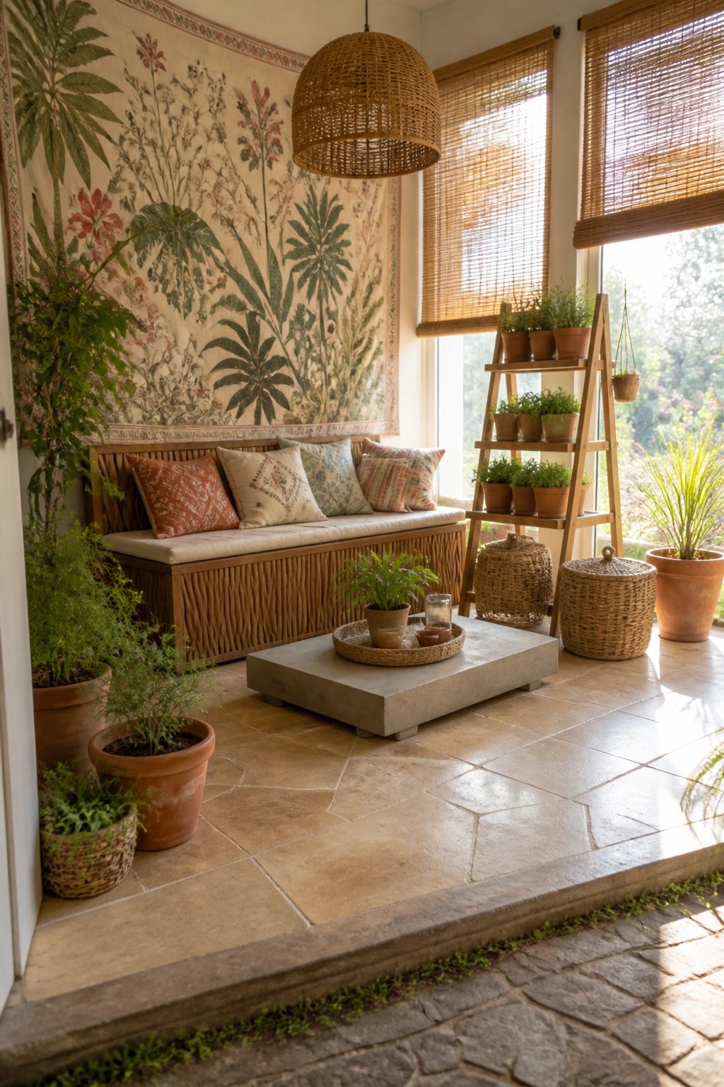 A large botanical tapestry hangs above a wooden bench with cushions in a tiled sunroom filled with potted plants and a concrete coffee table.