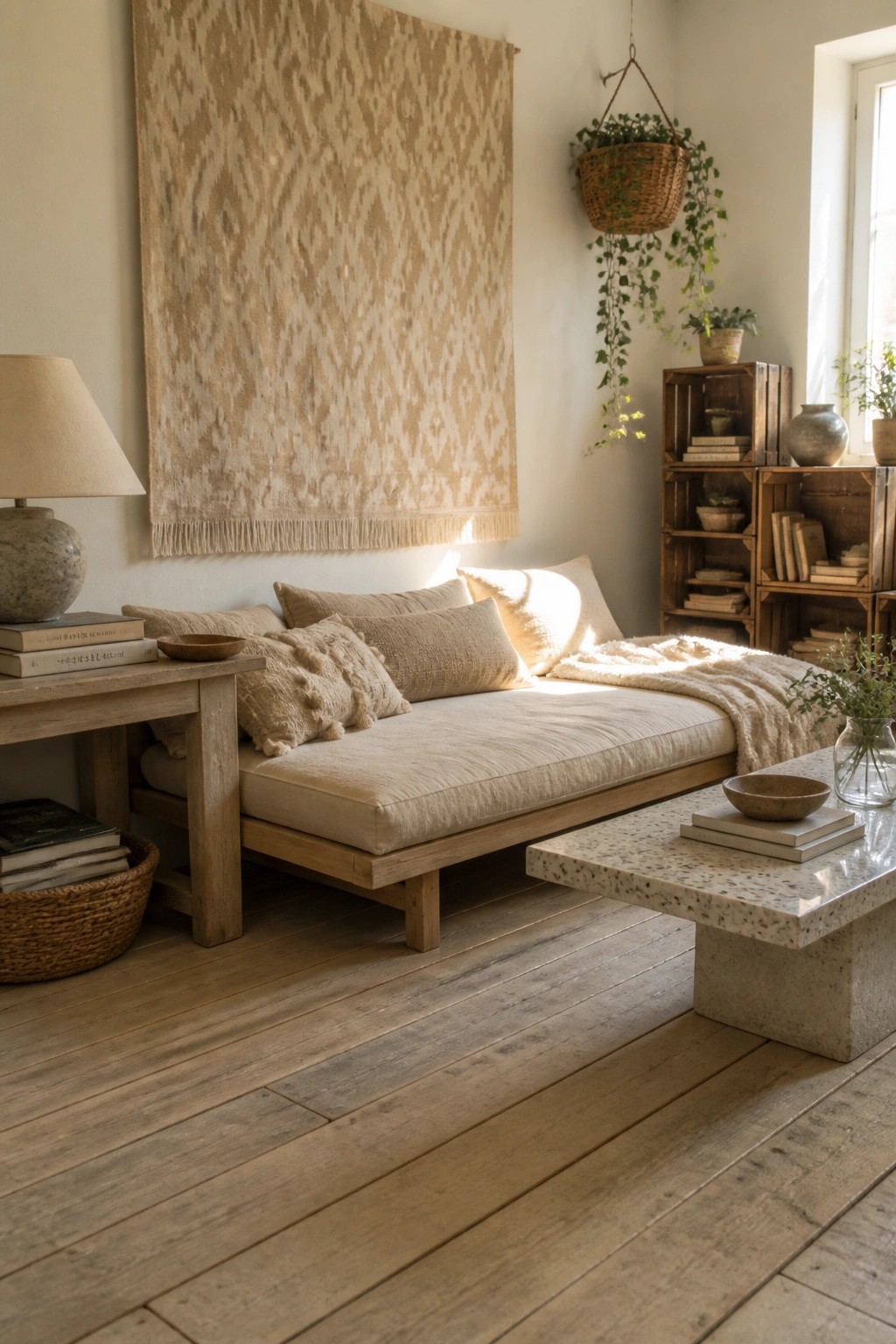 A light-filled living room features a large neutral patterned tapestry hung above a low wooden daybed with beige cushions and a stone coffee table.