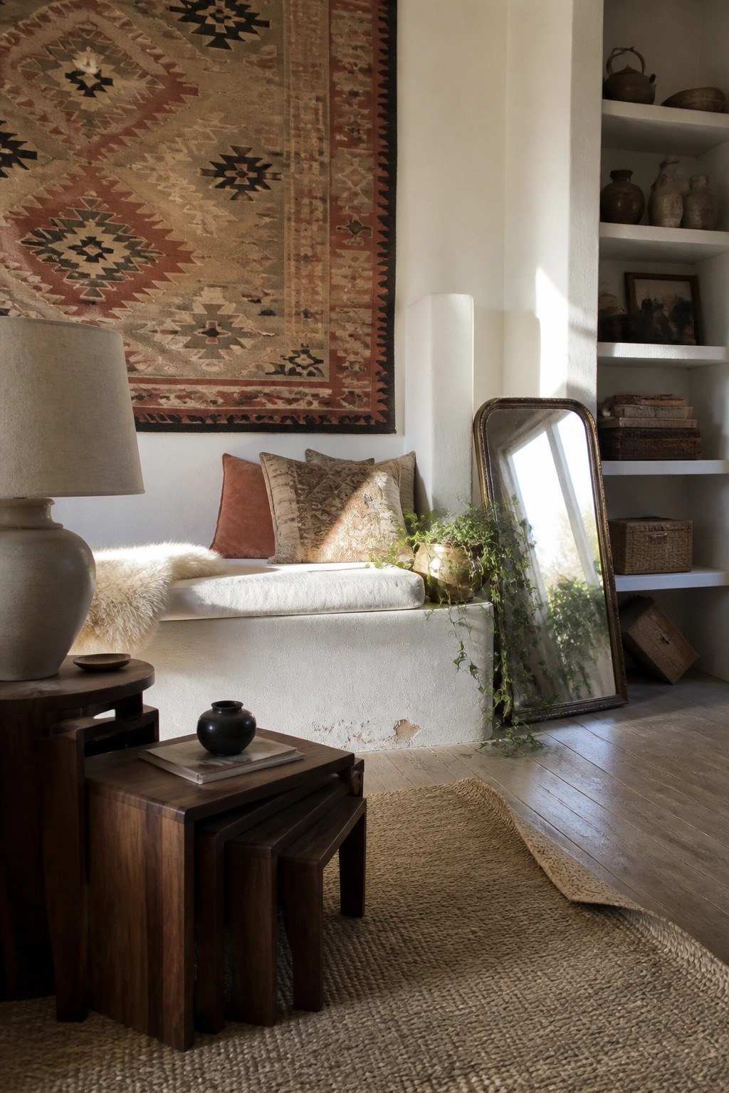 Warm-toned nook with patterned tapestry, white bench, nesting tables, and leaning mirror