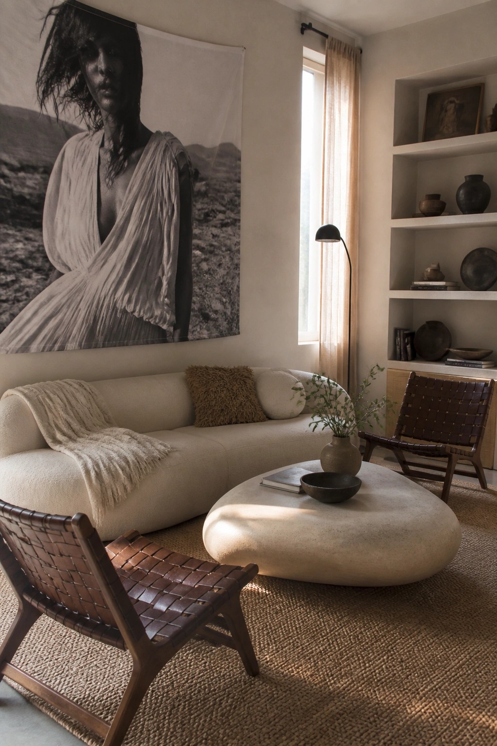 A large black and white tapestry showing a person in draped clothing hangs on the wall above a curved sofa in a living room.