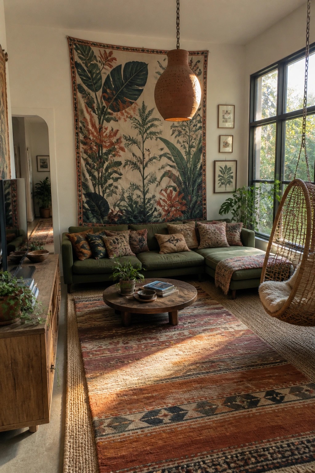 A living room featuring a large botanical tapestry hanging above a green sectional sofa with a round wooden coffee table and patterned rug in front.