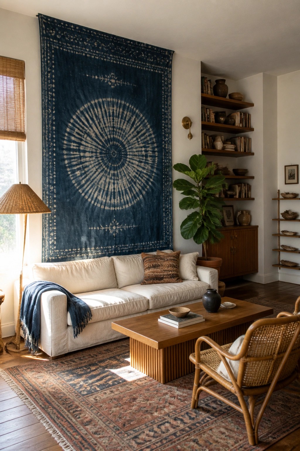 A living room featuring a large blue circular tapestry on the wall above a white sofa and wooden coffee table.