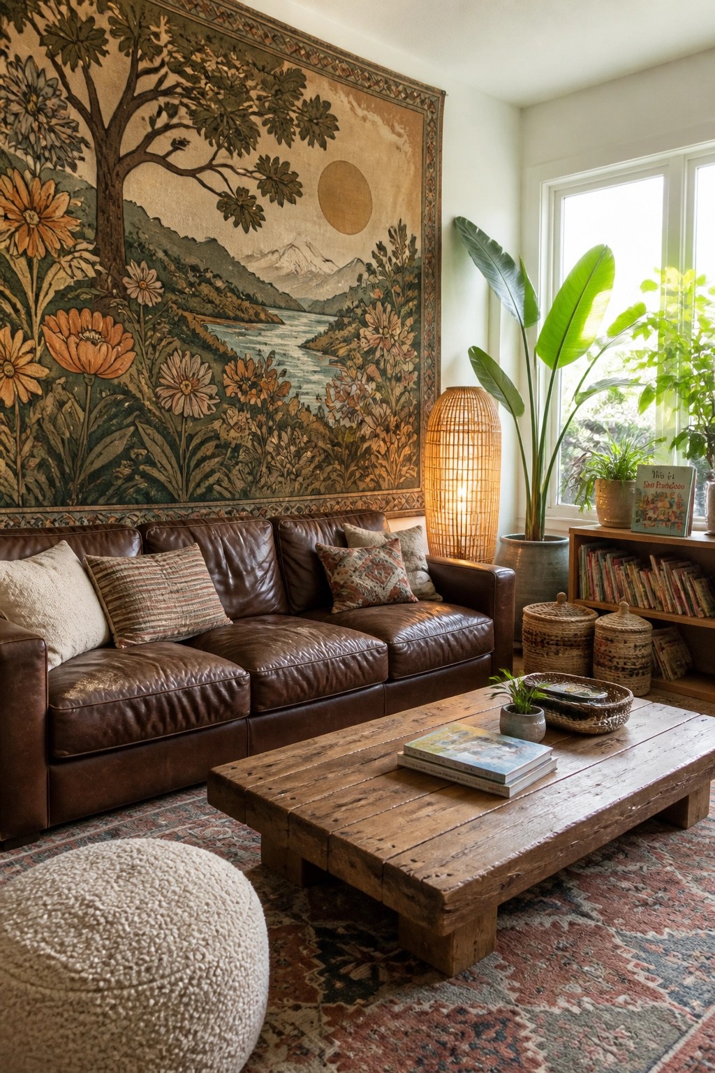 A living room featuring a large landscape tapestry above a brown leather sofa, with a wooden coffee table, woven lamp, and potted plants visible.