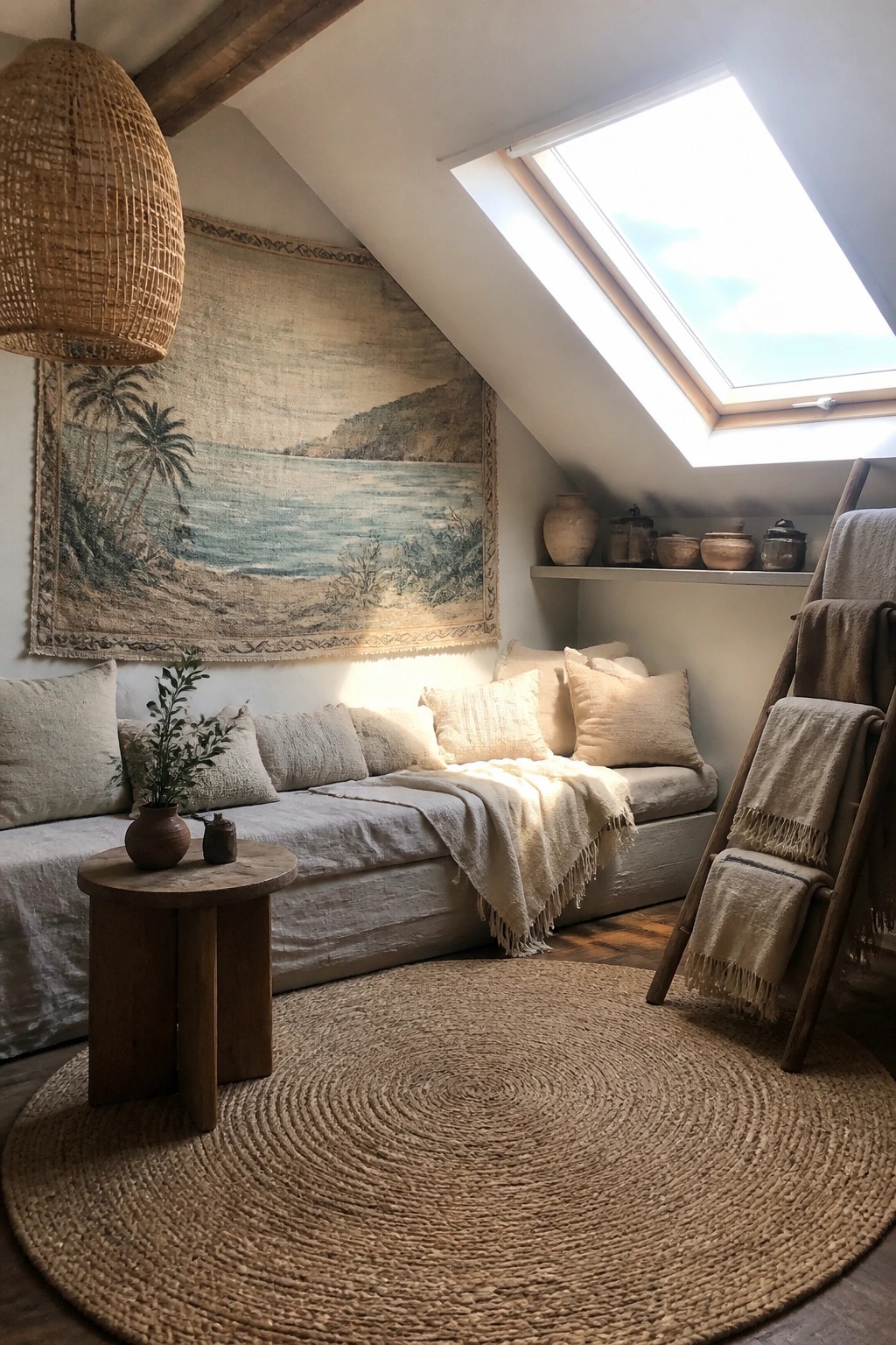 A large tapestry with a coastal scene hangs above a white daybed in an attic room with a skylight and wooden ladder.