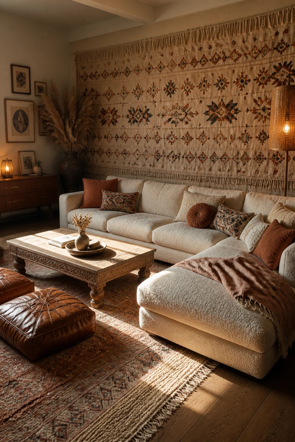 A living room featuring a large patterned tapestry with fringe hanging above a white sectional sofa on a wooden coffee table.