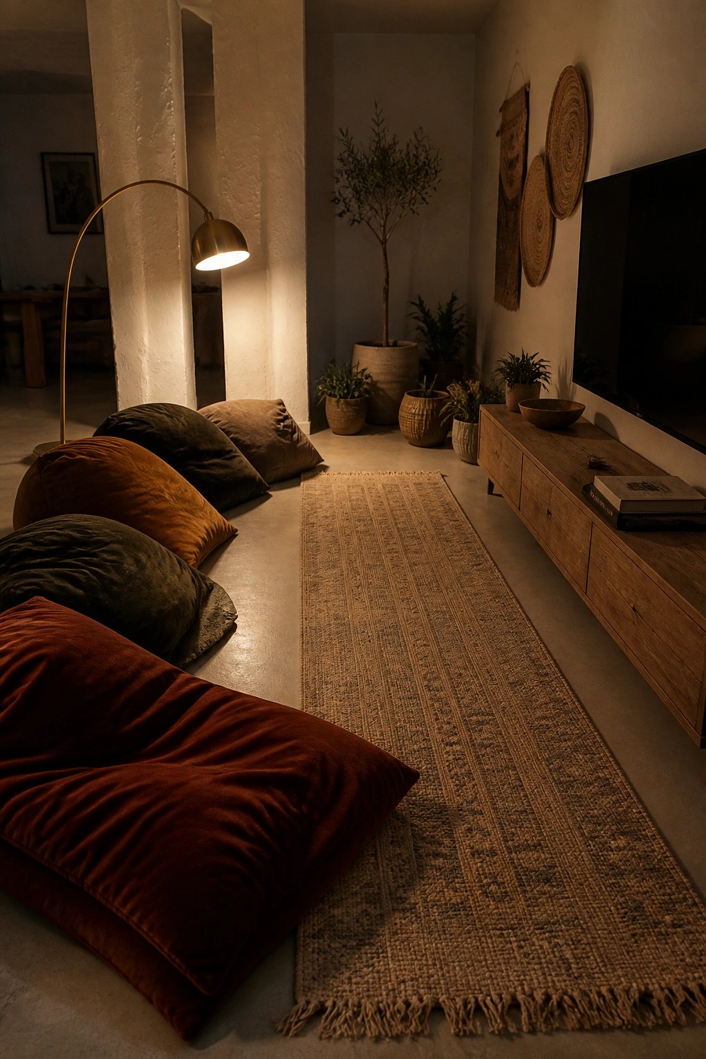 A living room interior with multiple velvet floor cushions in rust, olive, and brown tones arranged on a concrete floor next to a long woven runner rug, beside a wooden media console and several potted plants.