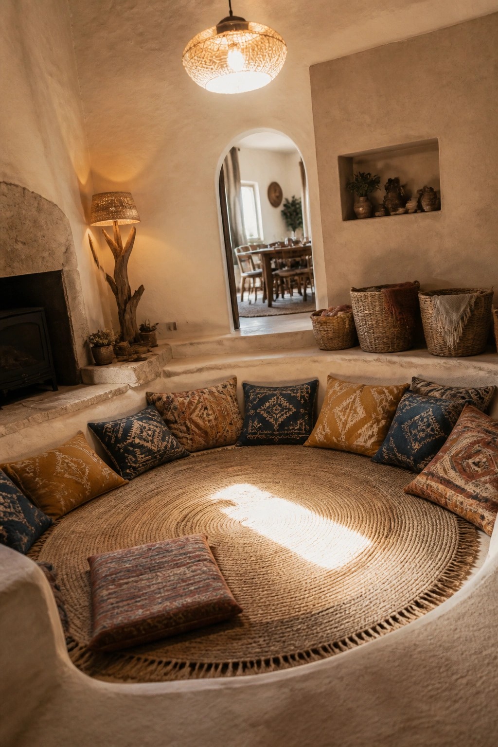 A recessed circular area in a room holds many patterned floor cushions arranged around a large round woven rug, with a hanging woven light fixture above and an arched doorway in the background.