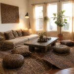 A living room with a beige sectional sofa, dark wood coffee table, and various leather and fabric floor cushions arranged on layered rugs.