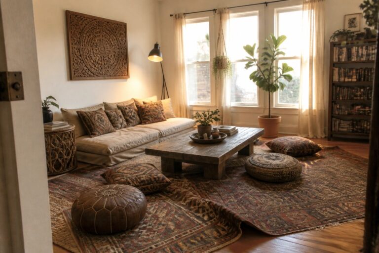 23 Clever Cozy Boho Living Room Ideas Using Floor Cushions for Extra Seating A living room with a beige sectional sofa, dark wood coffee table, and various leather and fabric floor cushions arranged on layered rugs.