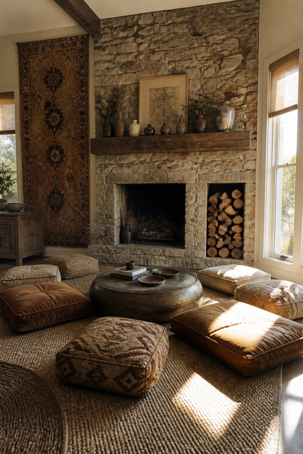 Living room interior with stone fireplace, wooden mantel, and multiple floor cushions arranged on a woven rug around a round metal table.