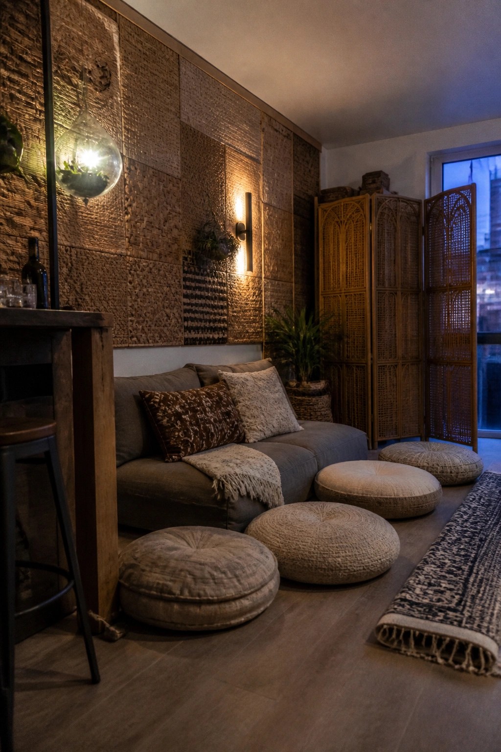 A living room corner with a gray sectional sofa, textured wall panels, wall sconces, woven floor cushions on the floor, and a wooden room divider.